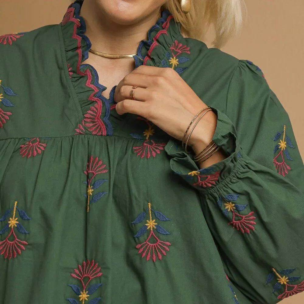 UMGEE Embroidered Floral Ruffle Neck Blouse - Hunter Green - Picture 5 of 7